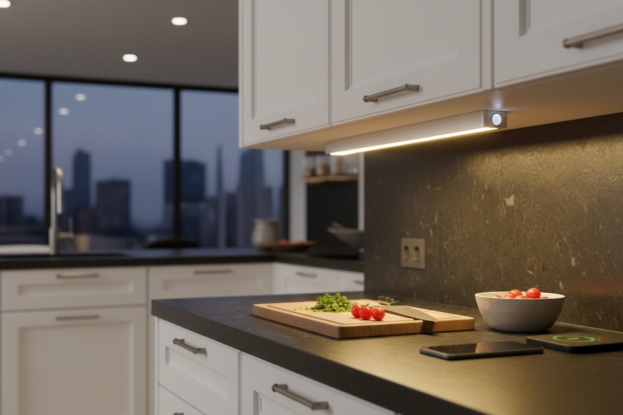 Barra LED instalada bajo mueble de cocina